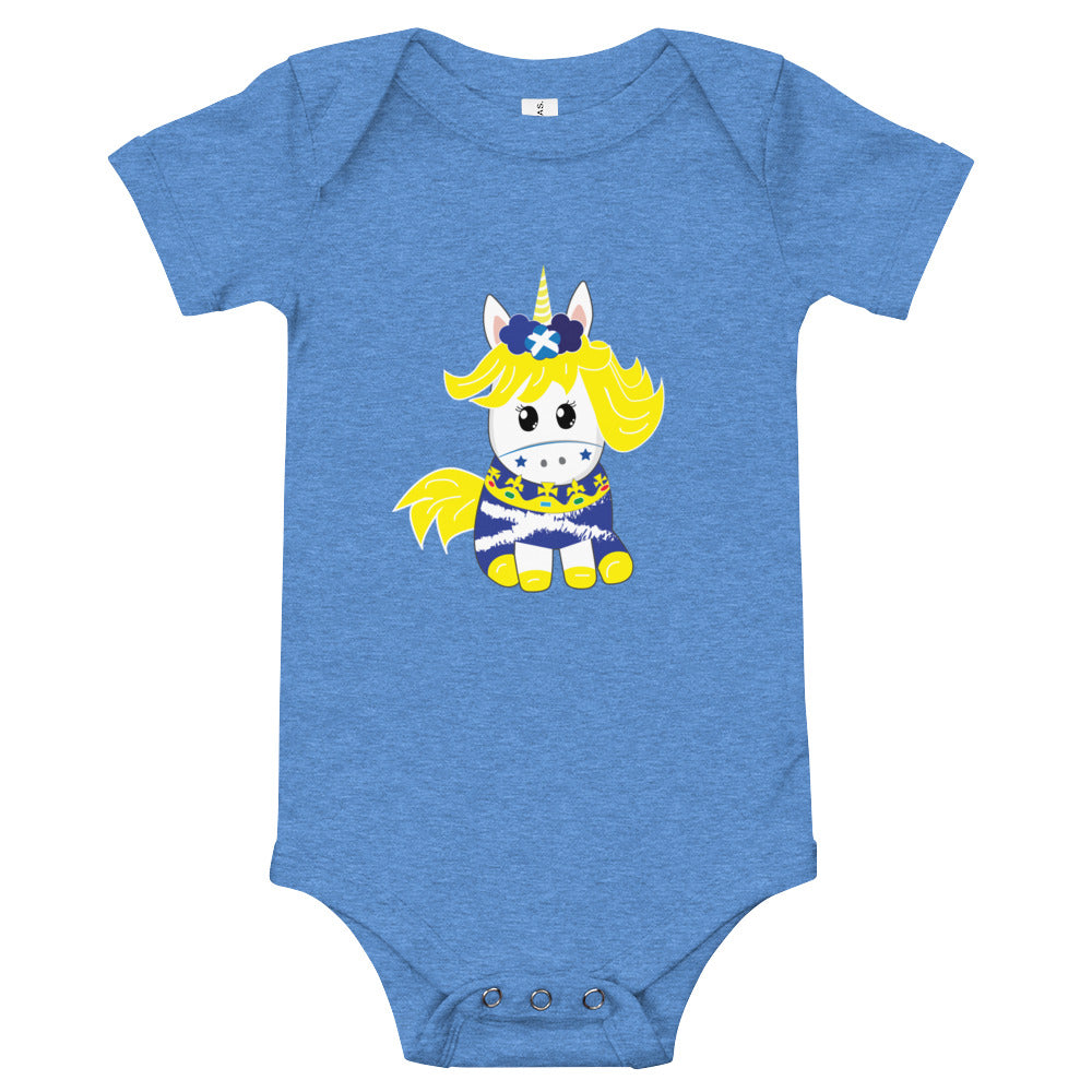 Blue babygrow featuring a cute Scottish unicorn with the flag of scotland and the crown