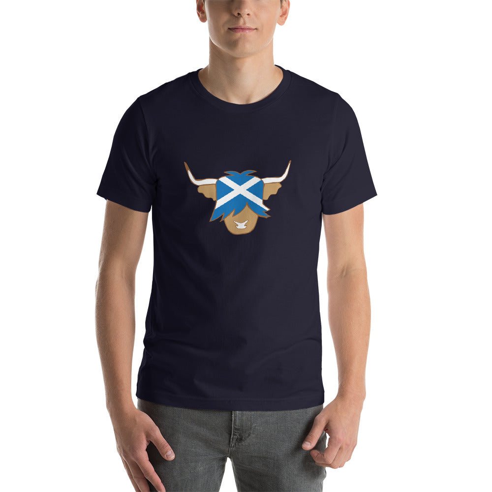 man wearing navy highland cow tshirt with scottish flag