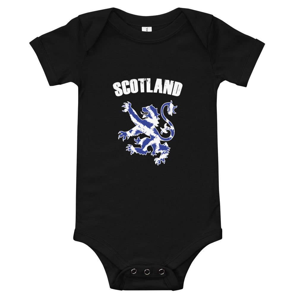 Black babygrow featuring a super cute Rampant lion with the word "SCOTLAND" 
