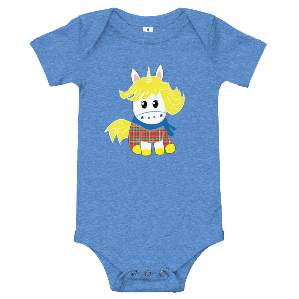 Blue babygrow featuring a super cute Scottish unicorn wearing a tartan jumpsuit .