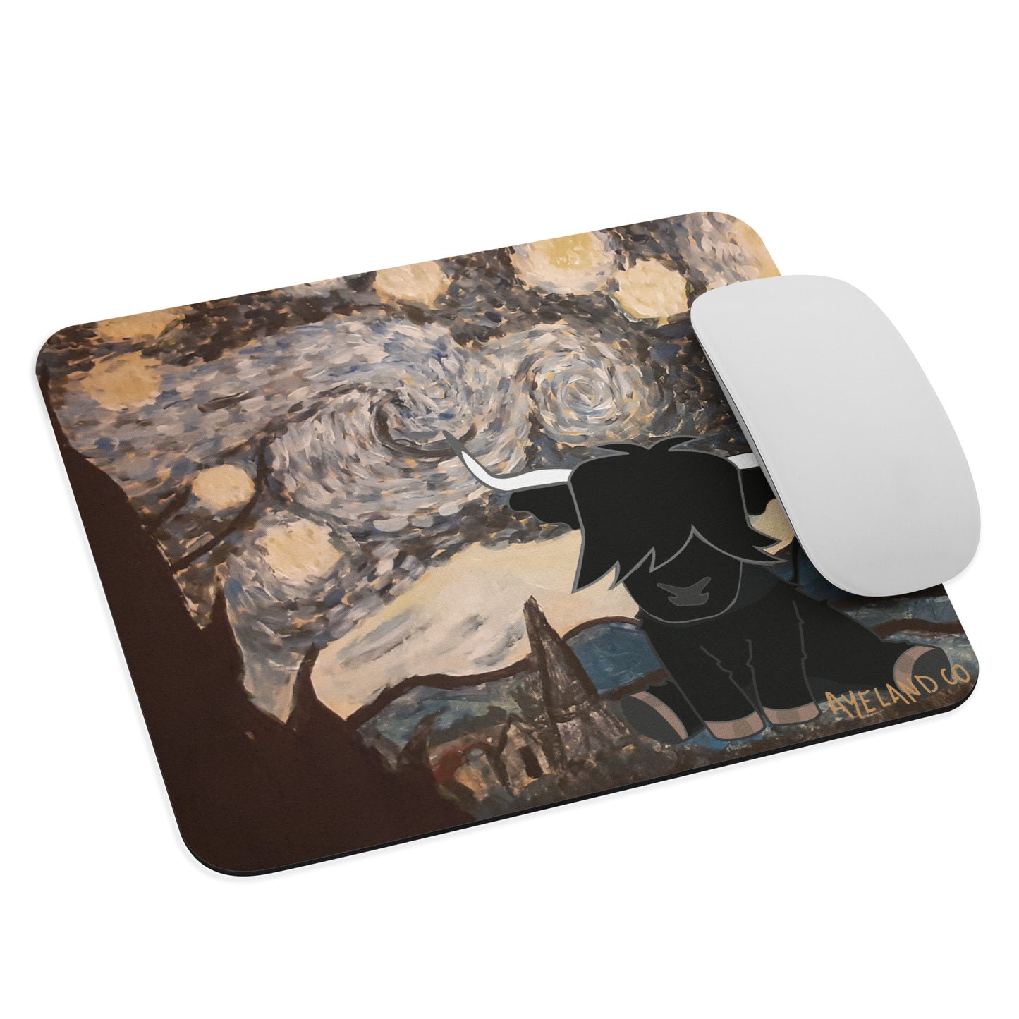 Stylish highland cow mouse pad starry night