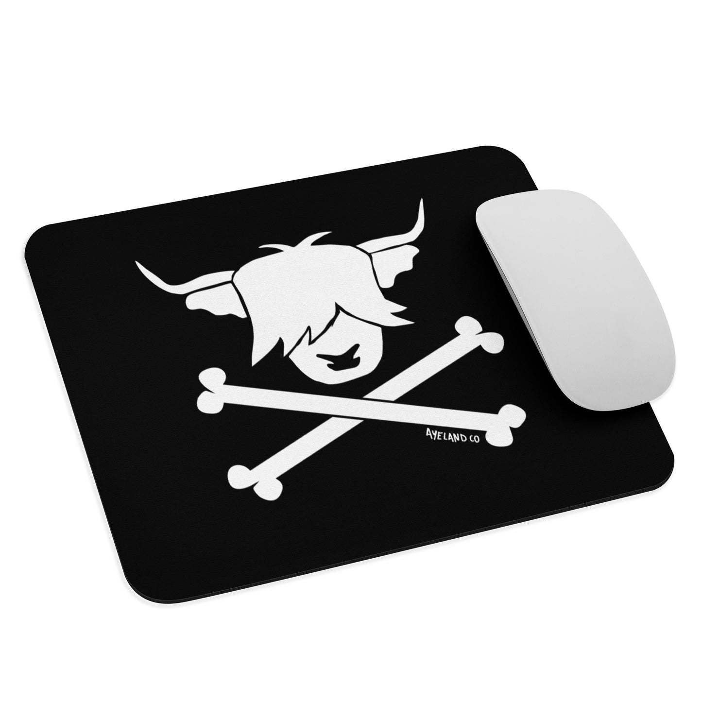 Highland cow pirate skull crossbones mouse pad