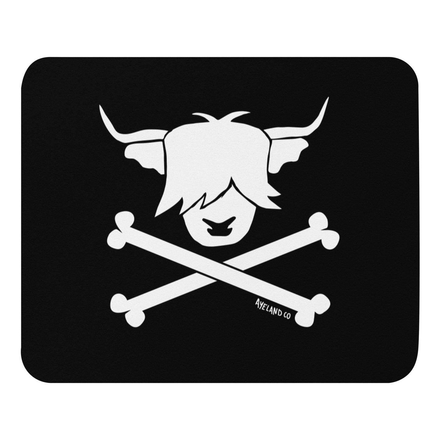 Highland cow pirate skull crossbones mouse pad