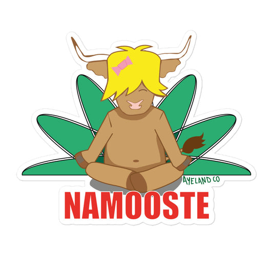 namooste sticker with a highland cow doing yoga