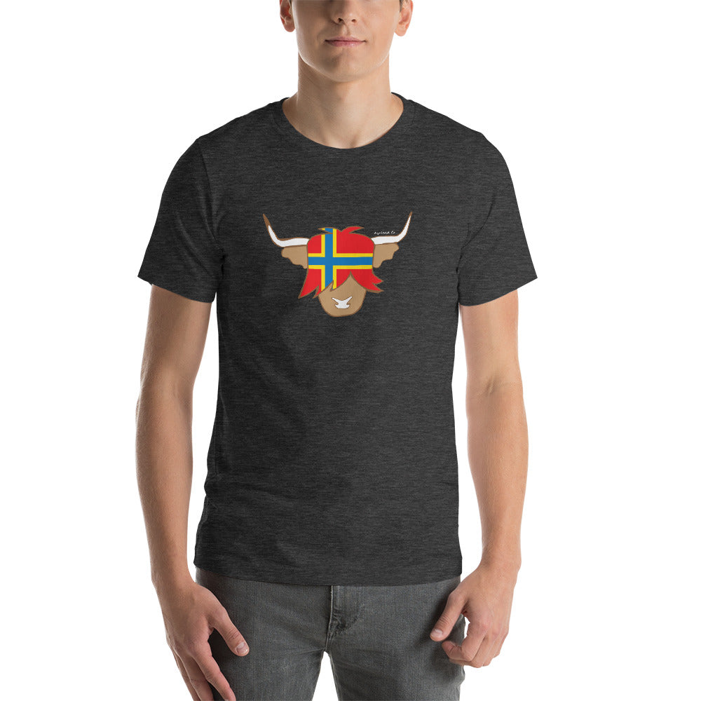 man wearing a dark grey heather t-shirt with a flag of orkney on a highland cow