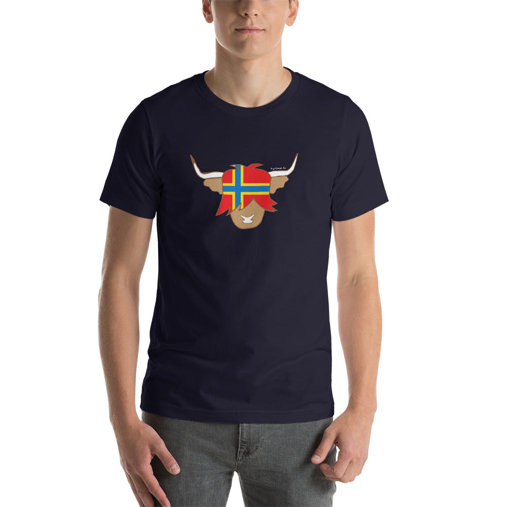 man wearing a navy t-shirt with a flag of orkney on a highland cow
