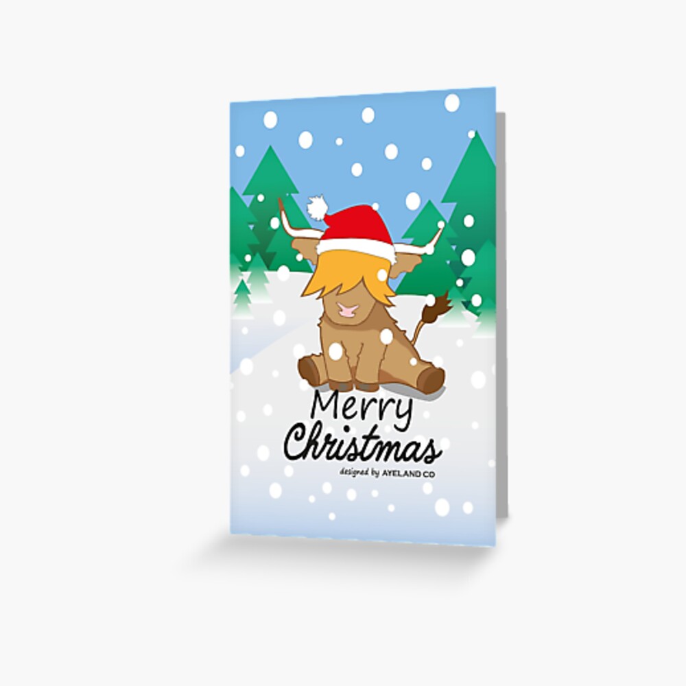 Christmas card of a highland cow dressed as santa