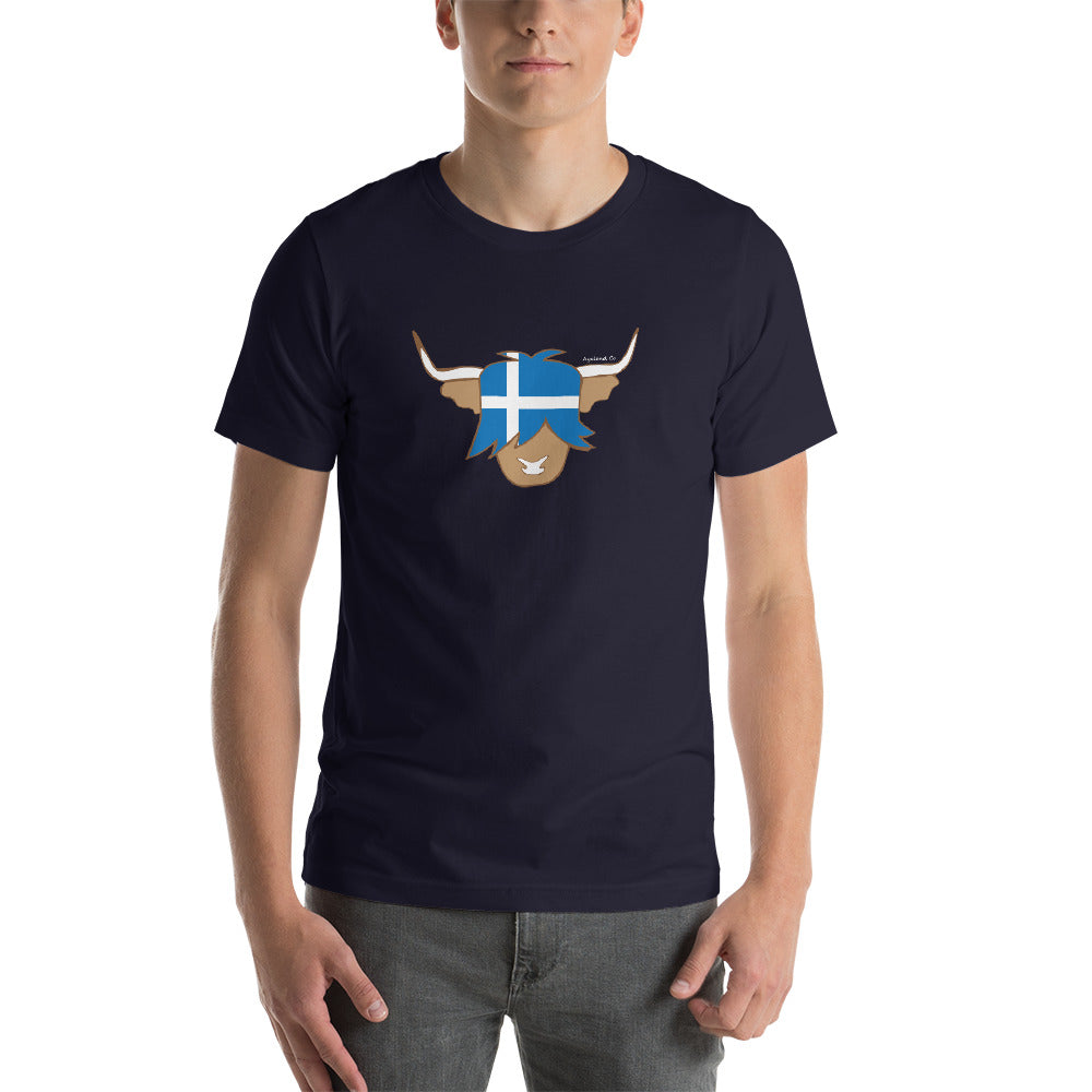 man wearing a navy scottish highland cow t-shirt