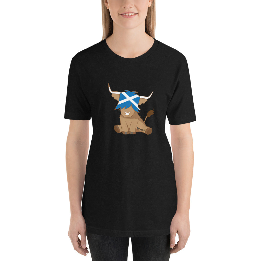 woman wearing a black t-shirt of a scottish highland cow