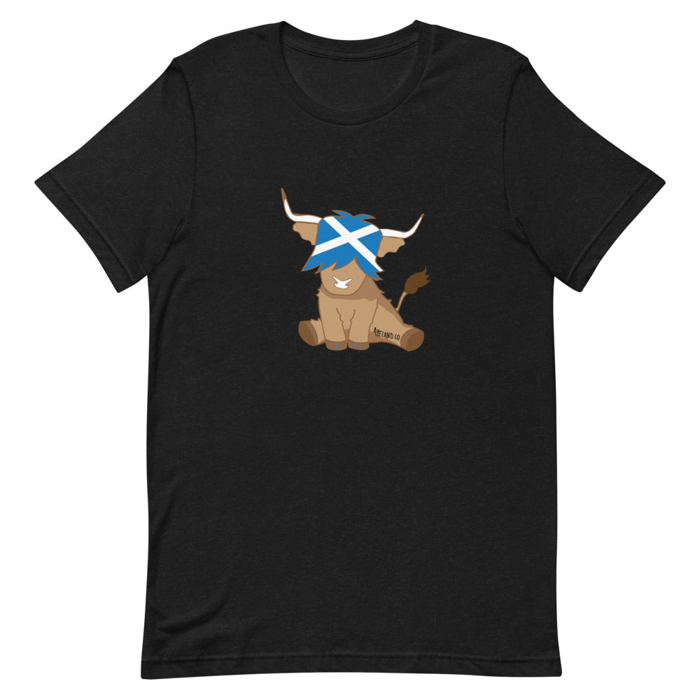 black heather t-shirt with the design of an adorable scottish highland cow