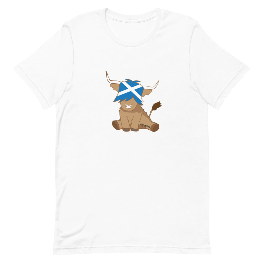 white t-shirt with the design of an adorable scottish highland cow