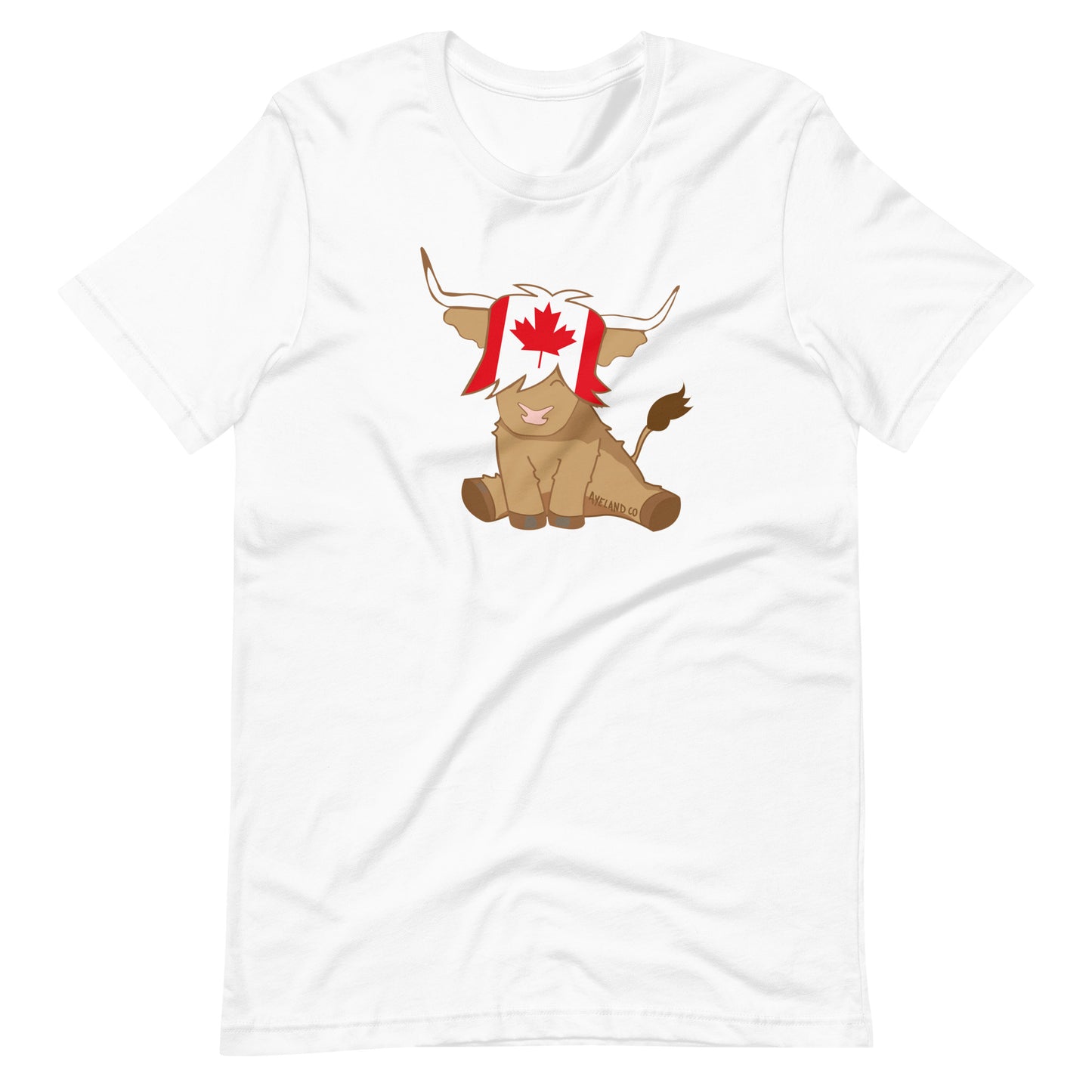 white tshirt with a canadian flag highland cow